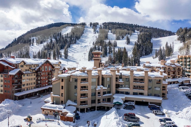 snowy aerial view with a mountain view