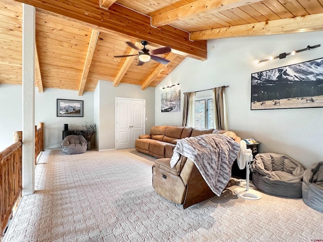 living room featuring wooden ceiling, vaulted ceiling with beams, ceiling fan, and carpet floors