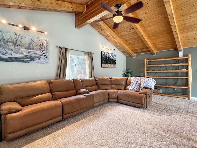 living room with light carpet, vaulted ceiling with beams, ceiling fan, and wooden ceiling