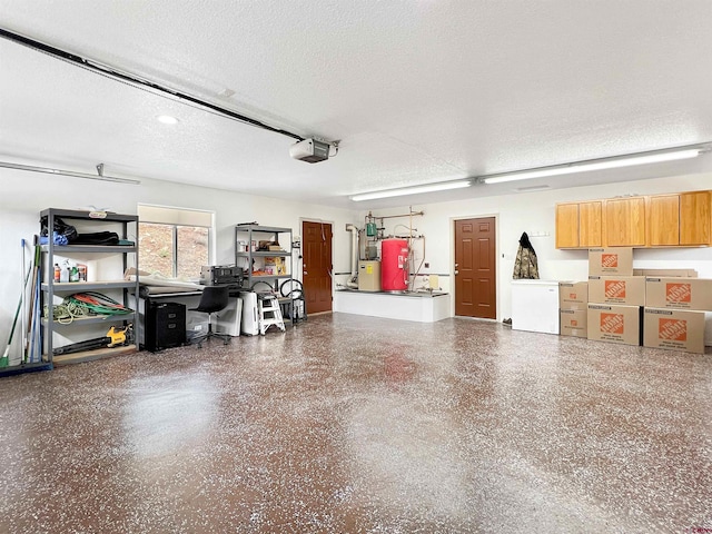 garage with a garage door opener and gas water heater