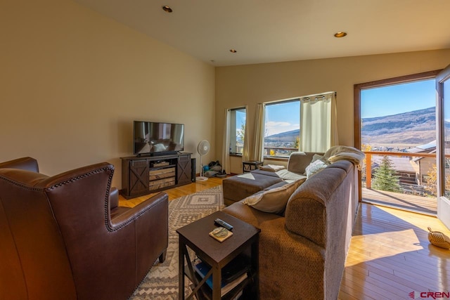 living room with light hardwood / wood-style flooring and vaulted ceiling