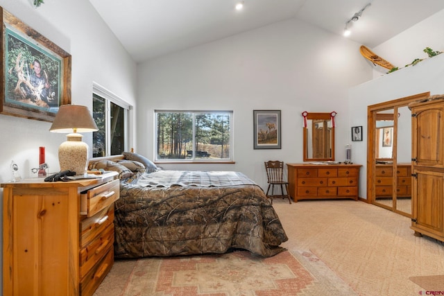 bedroom featuring rail lighting, light carpet, and high vaulted ceiling