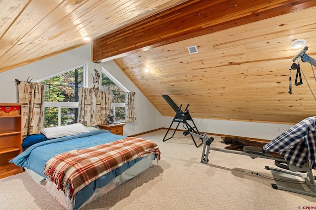 carpeted bedroom with lofted ceiling with beams and wooden ceiling