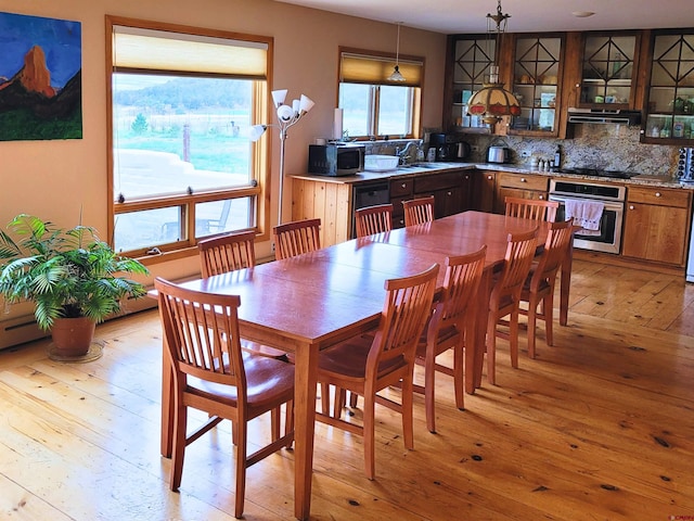 dining area with light hardwood / wood-style flooring and sink