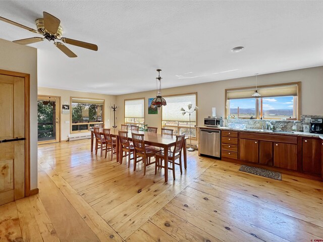 dining room with ceiling fan, sink, and light wood-type flooring