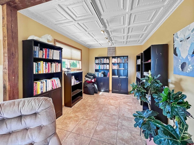 tiled office space featuring ornamental molding