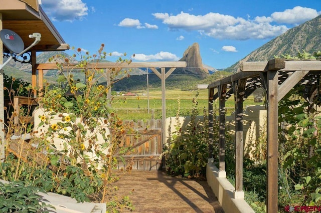 view of patio / terrace with a mountain view and a rural view