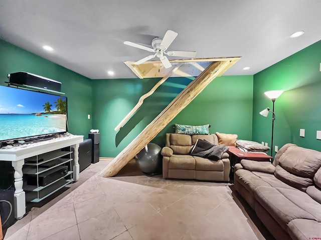 living room with ceiling fan