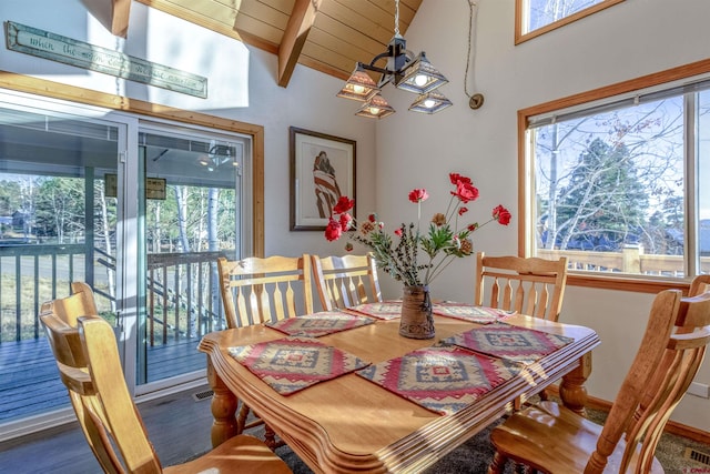 dining space featuring wood ceiling, vaulted ceiling with beams, and wood-type flooring