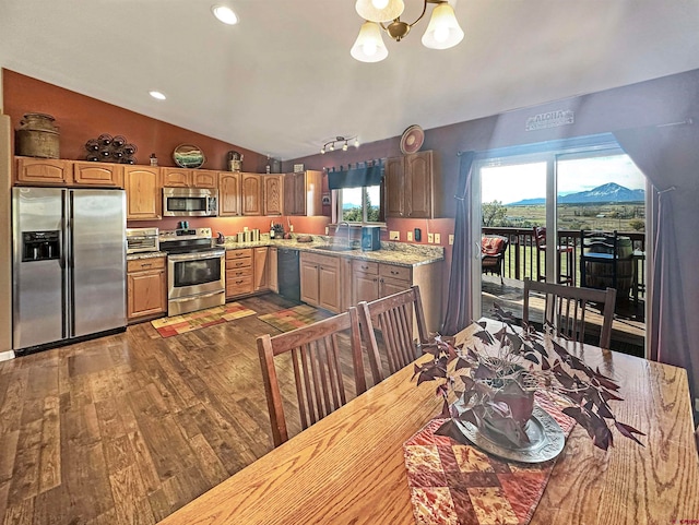 kitchen featuring sink, stainless steel appliances, dark hardwood / wood-style flooring, a mountain view, and lofted ceiling