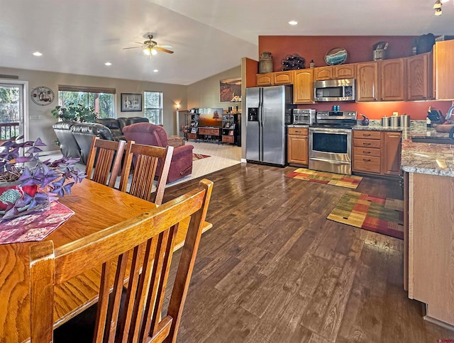 interior space featuring dark hardwood / wood-style floors, lofted ceiling, and appliances with stainless steel finishes