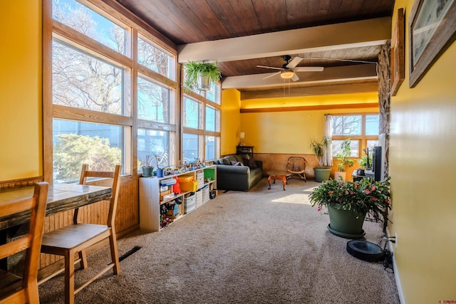 sunroom / solarium featuring beam ceiling, ceiling fan, and wooden ceiling