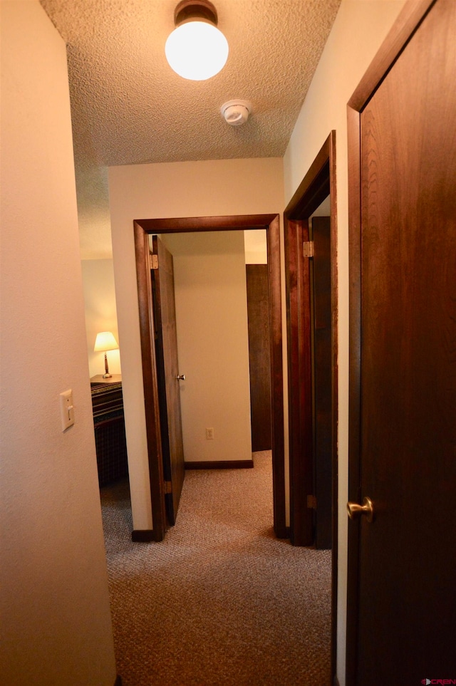 hall with carpet floors and a textured ceiling