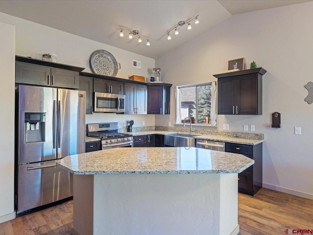 kitchen featuring appliances with stainless steel finishes, a center island, lofted ceiling, and wood-type flooring