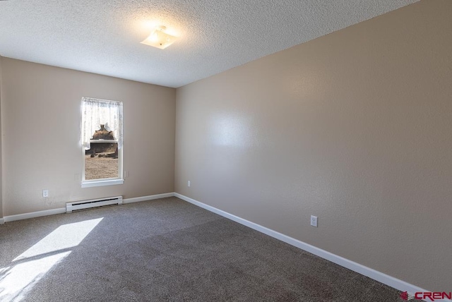 empty room featuring a textured ceiling, carpet floors, and baseboard heating