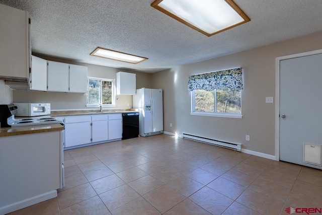 kitchen with a textured ceiling, white cabinetry, white appliances, and baseboard heating