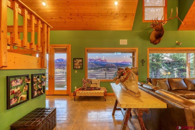 living room featuring wood ceiling