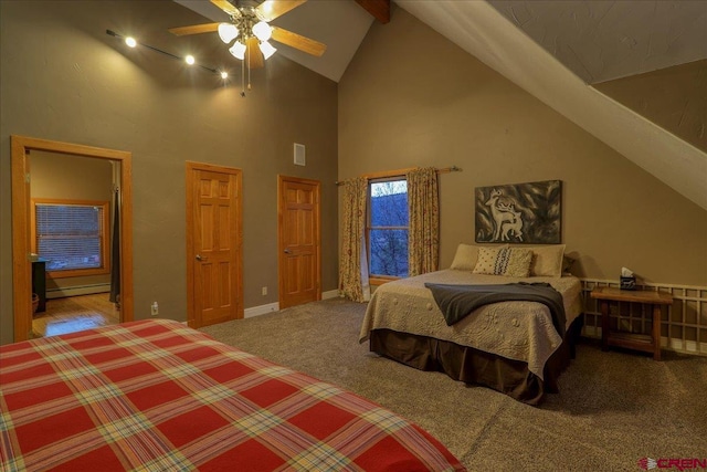 bedroom featuring ceiling fan, carpet floors, baseboard heating, and high vaulted ceiling