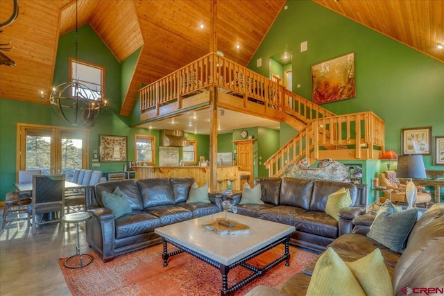 living room featuring concrete floors, high vaulted ceiling, wooden ceiling, and an inviting chandelier