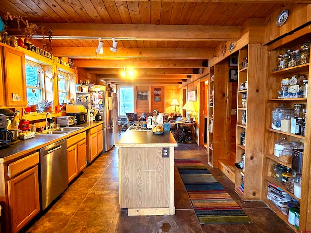 kitchen featuring beamed ceiling, a center island, wooden ceiling, and appliances with stainless steel finishes