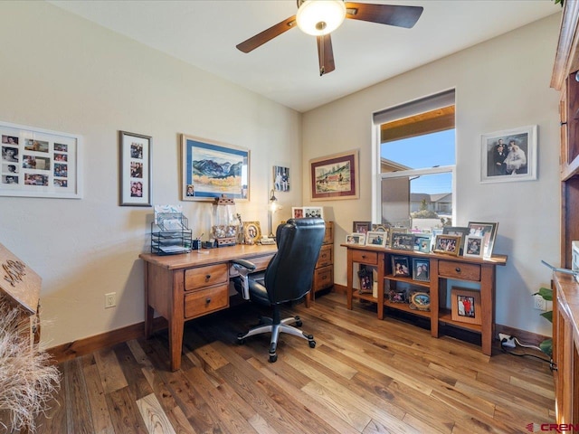 office space featuring light wood-type flooring and ceiling fan