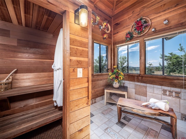 interior space with wood ceiling and wood walls