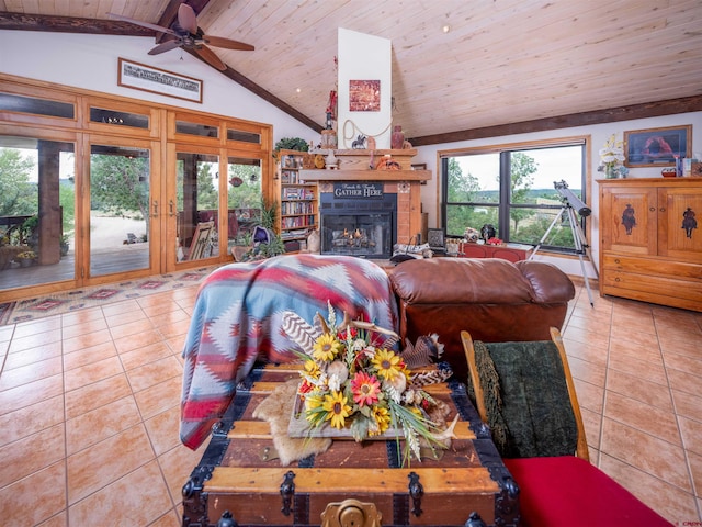 living room with ceiling fan, wooden ceiling, lofted ceiling with beams, a fireplace, and light tile patterned floors