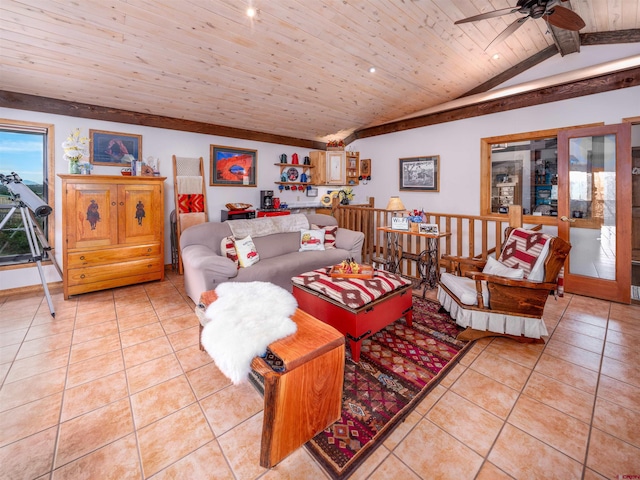 tiled living room with ceiling fan, lofted ceiling with beams, and wooden ceiling