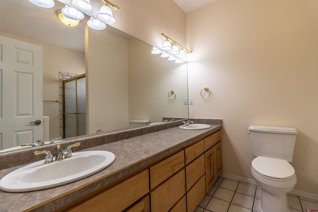 bathroom featuring tile patterned flooring, vanity, a shower with door, and toilet