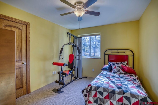 bedroom featuring carpet flooring and ceiling fan