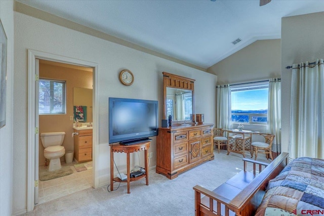 living room with lofted ceiling and light carpet