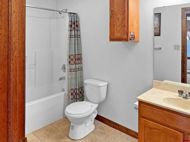 full bathroom with toilet, vanity, tile patterned floors, and shower / bath combo with shower curtain