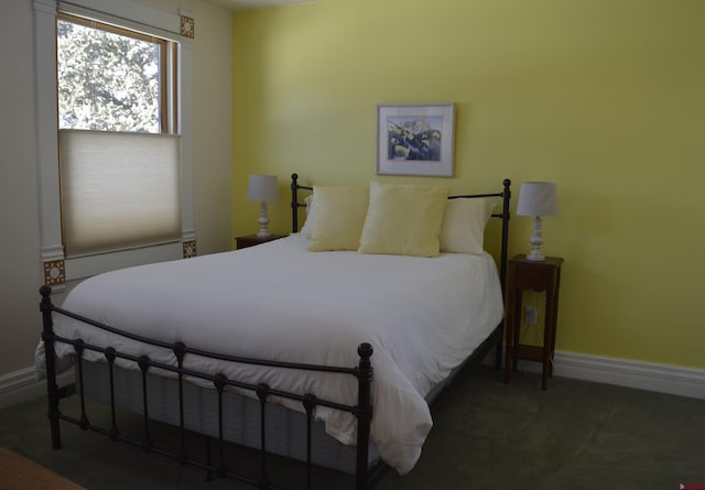 bedroom with dark colored carpet