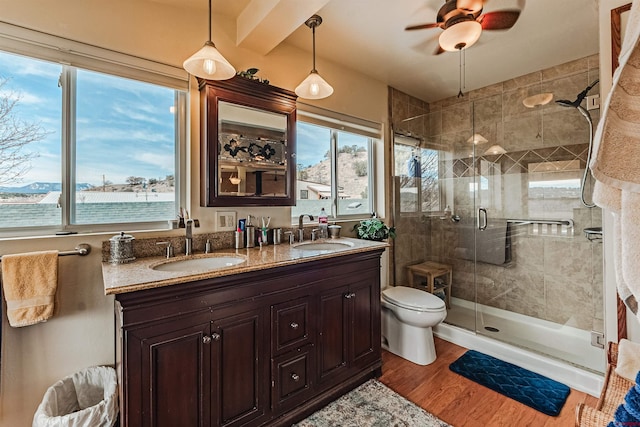 bathroom featuring hardwood / wood-style floors, vanity, a water view, and a shower with shower door