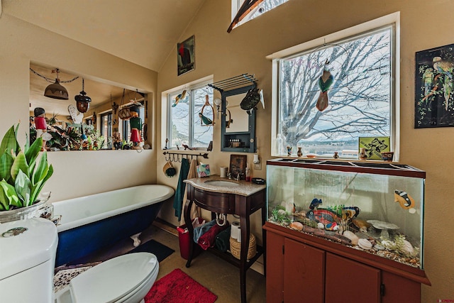 bathroom featuring a washtub, toilet, sink, and vaulted ceiling