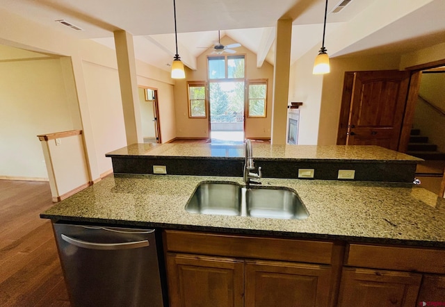 kitchen featuring hardwood / wood-style floors, sink, vaulted ceiling, stainless steel dishwasher, and ceiling fan