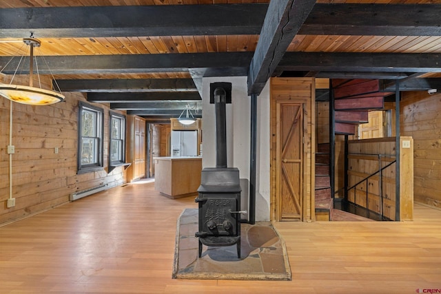 living room with hardwood / wood-style floors, wood walls, a wood stove, and beamed ceiling