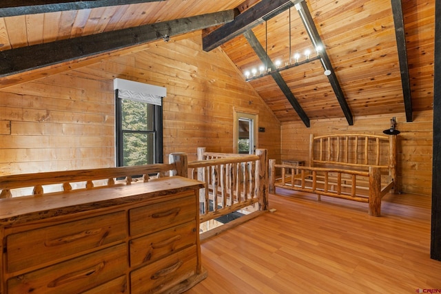 bedroom featuring vaulted ceiling with beams, wood walls, light hardwood / wood-style floors, and wood ceiling