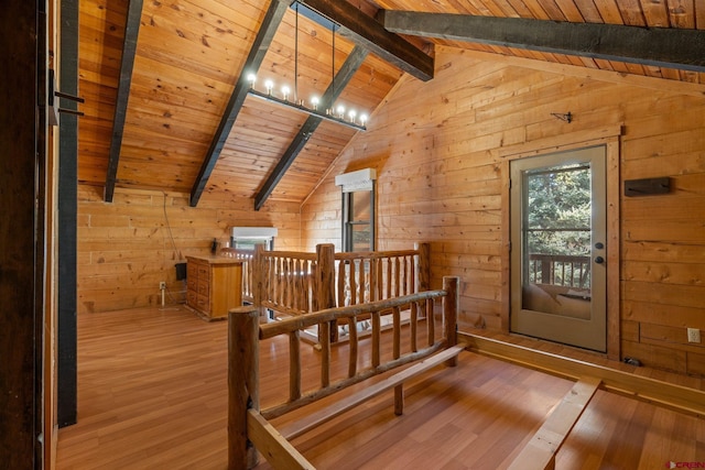 additional living space featuring wood ceiling, vaulted ceiling with beams, wooden walls, and wood-type flooring