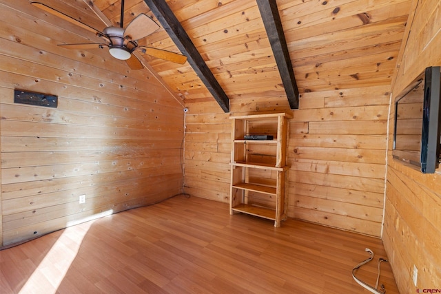 additional living space with ceiling fan, wooden walls, lofted ceiling with beams, wooden ceiling, and hardwood / wood-style floors