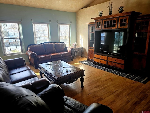 living room featuring vaulted ceiling and light hardwood / wood-style flooring