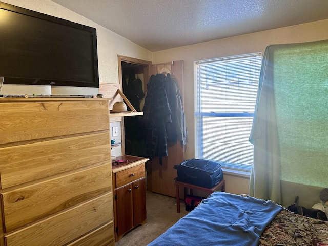 bedroom with a textured ceiling, carpet, and vaulted ceiling