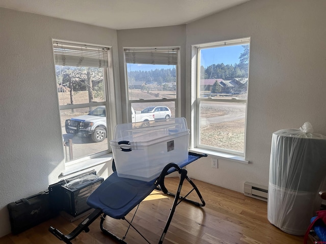 dining room featuring hardwood / wood-style floors, a healthy amount of sunlight, and baseboard heating