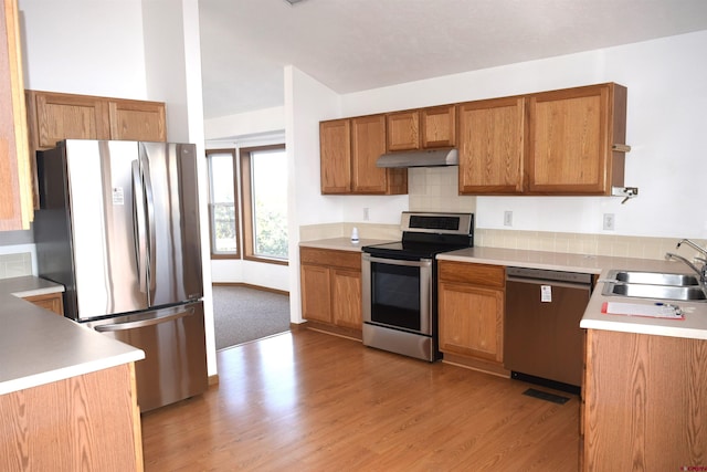 kitchen featuring sink, appliances with stainless steel finishes, and light hardwood / wood-style flooring