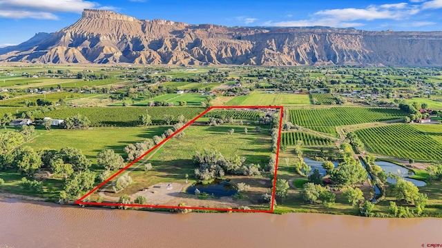 bird's eye view featuring a rural view and a water and mountain view