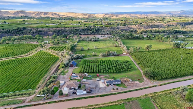 birds eye view of property featuring a mountain view and a rural view