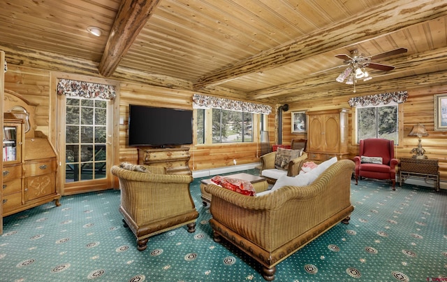 living room with carpet floors, ceiling fan, rustic walls, beamed ceiling, and wood ceiling