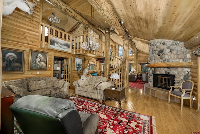 living room with a fireplace, wood-type flooring, high vaulted ceiling, and wooden ceiling