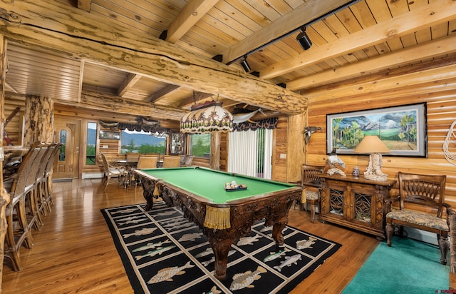 rec room featuring beamed ceiling, wooden ceiling, dark wood-type flooring, and billiards