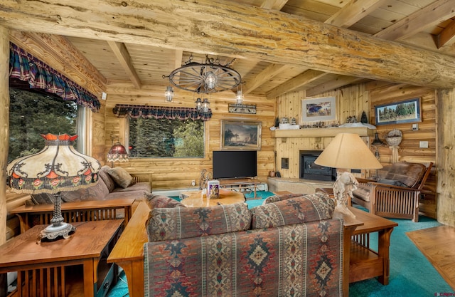 carpeted living room featuring beamed ceiling, rustic walls, and wood ceiling